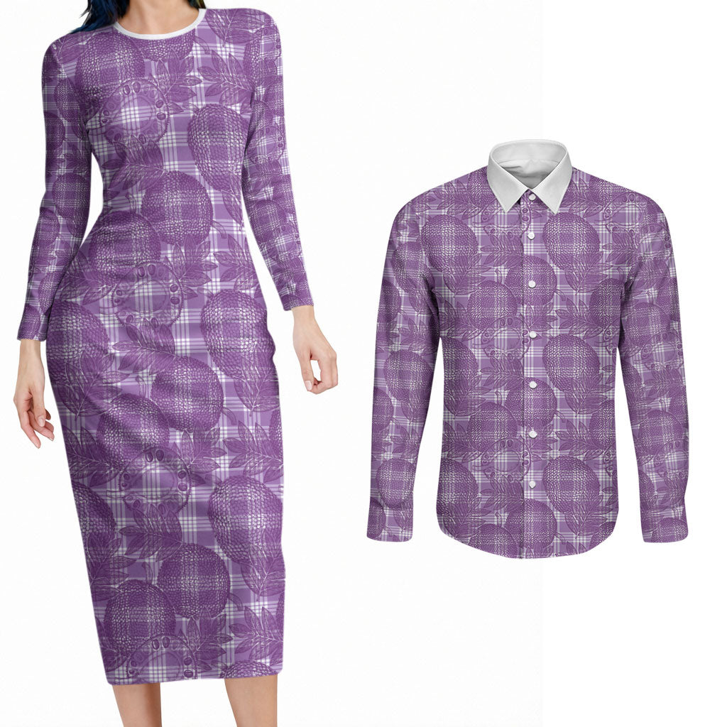 Poni Hawaii Breadfruit Palaka Motifs Couples Matching Long Sleeve Bodycon Dress and Long Sleeve Button Shirt LT14 Purple - Polynesian Pride