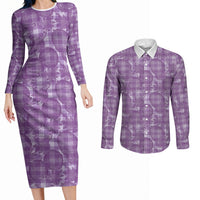 Poni Hawaii Breadfruit Palaka Motifs Couples Matching Long Sleeve Bodycon Dress and Long Sleeve Button Shirt LT14 Purple - Polynesian Pride