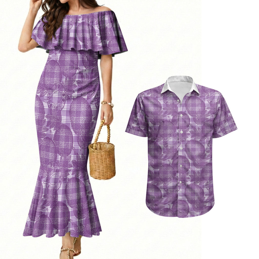Poni Hawaii Breadfruit Palaka Motifs Couples Matching Mermaid Dress and Hawaiian Shirt LT14 Purple - Polynesian Pride