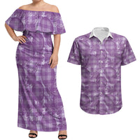 Poni Hawaii Breadfruit Palaka Motifs Couples Matching Off Shoulder Maxi Dress and Hawaiian Shirt LT14 Purple - Polynesian Pride