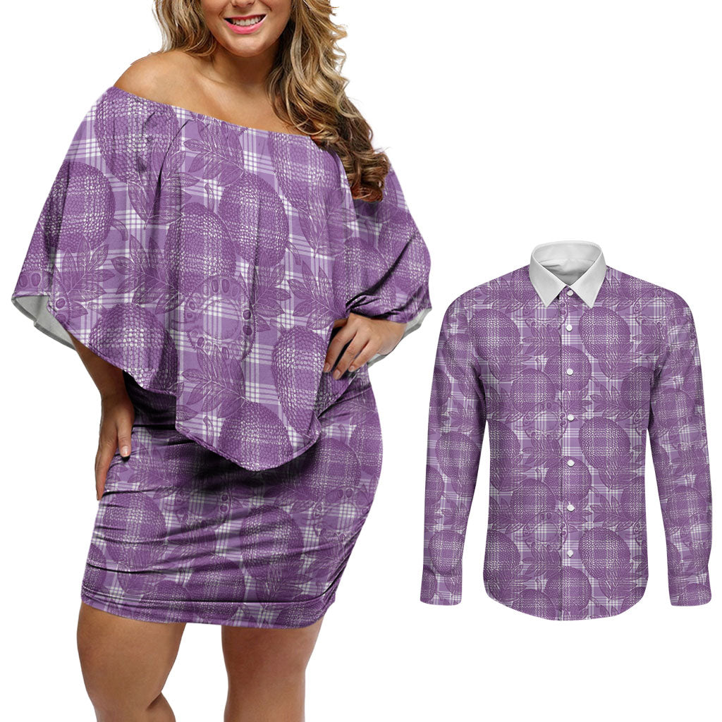 Poni Hawaii Breadfruit Palaka Motifs Couples Matching Off Shoulder Short Dress and Long Sleeve Button Shirt LT14 Purple - Polynesian Pride
