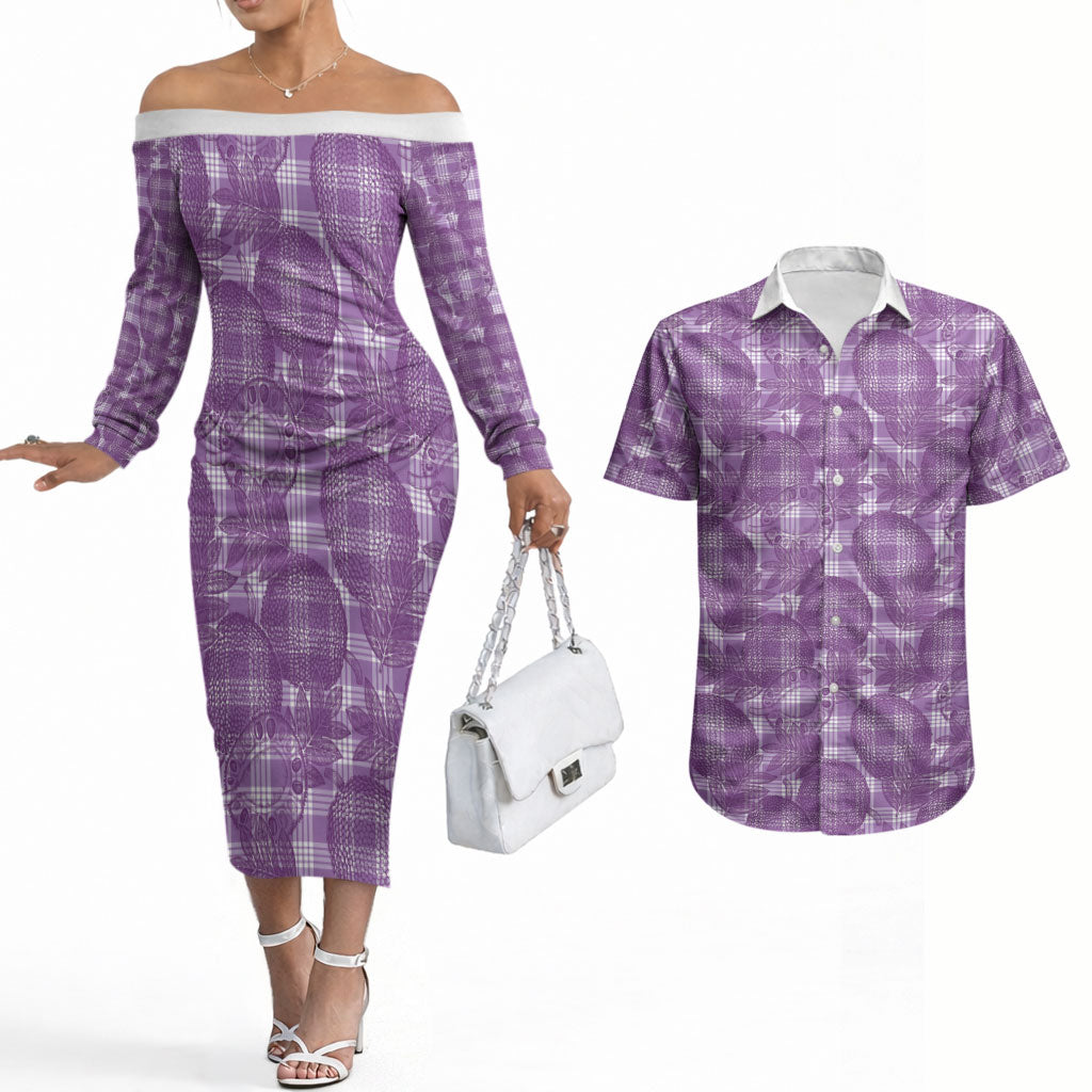 Poni Hawaii Breadfruit Palaka Motifs Couples Matching Off The Shoulder Long Sleeve Dress and Hawaiian Shirt LT14 Purple - Polynesian Pride