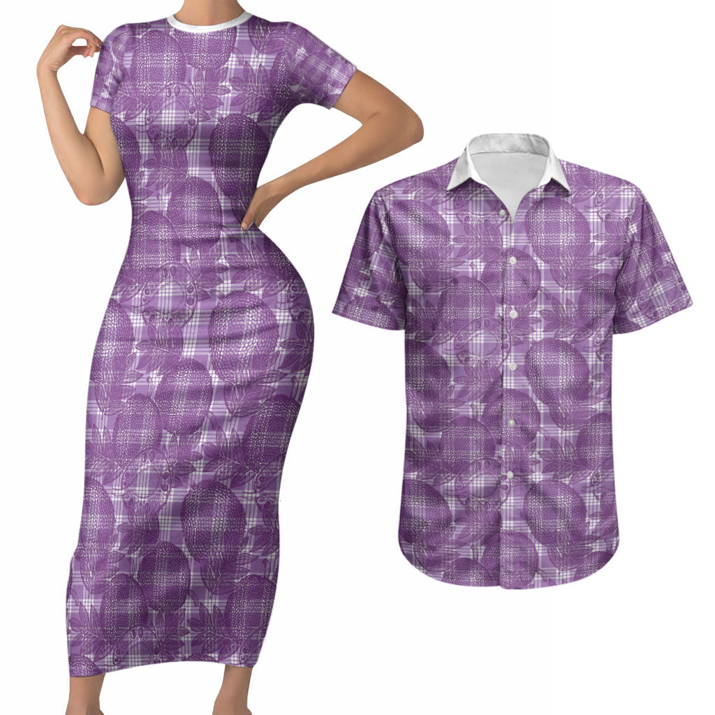 Poni Hawaii Breadfruit Palaka Motifs Couples Matching Short Sleeve Bodycon Dress and Hawaiian Shirt LT14 Purple - Polynesian Pride