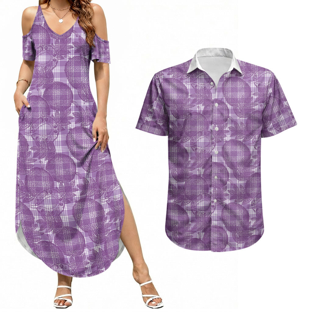 Poni Hawaii Breadfruit Palaka Motifs Couples Matching Summer Maxi Dress and Hawaiian Shirt LT14 Purple - Polynesian Pride