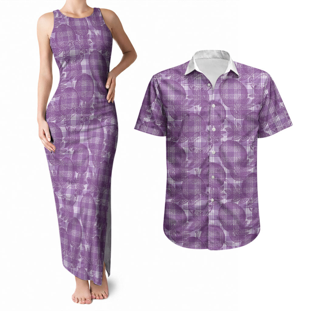 Poni Hawaii Breadfruit Palaka Motifs Couples Matching Tank Maxi Dress and Hawaiian Shirt LT14 Purple - Polynesian Pride