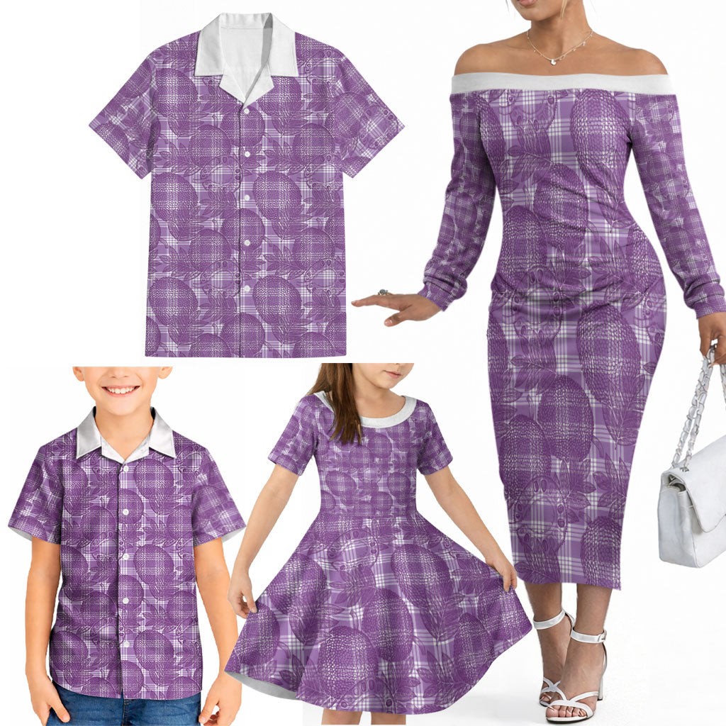 Poni Hawaii Breadfruit Palaka Motifs Family Matching Off The Shoulder Long Sleeve Dress and Hawaiian Shirt LT14 - Polynesian Pride