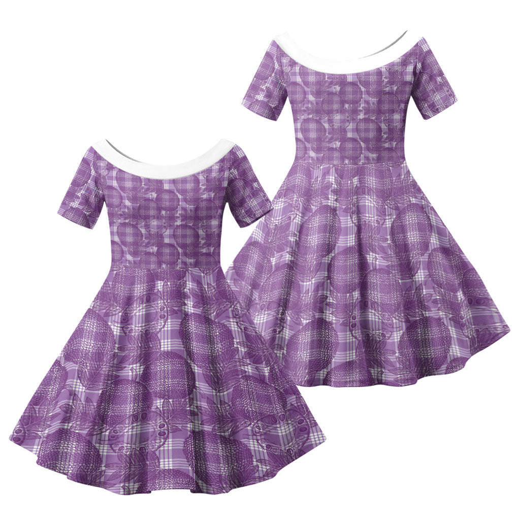 Poni Hawaii Breadfruit Palaka Motifs Family Matching Off Shoulder Maxi Dress and Hawaiian Shirt LT14 Daughter's Dress Purple - Polynesian Pride