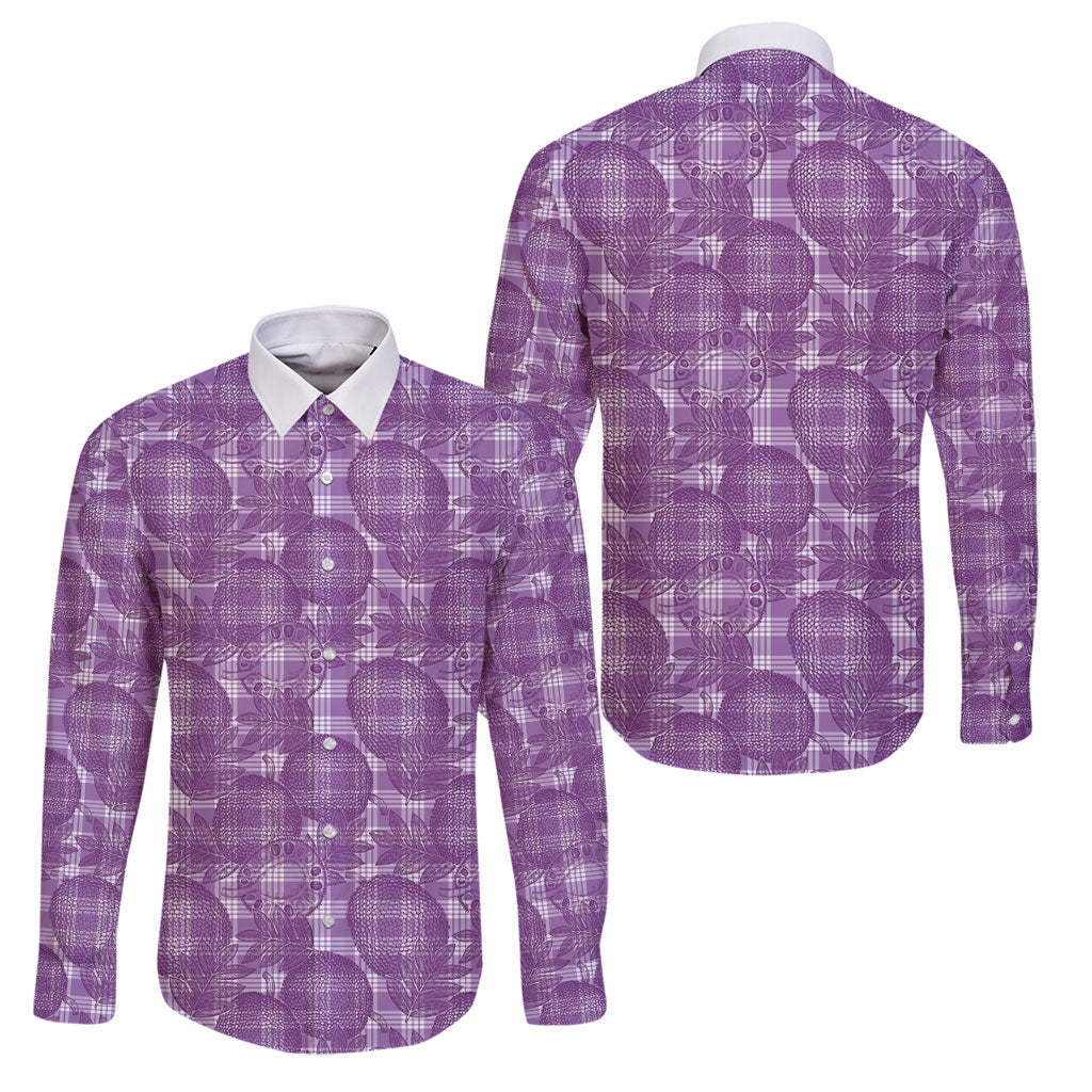 Poni Hawaii Breadfruit Palaka Motifs Family Matching Tank Maxi Dress and Hawaiian Shirt LT14 Dad's Shirt - Long Sleeve Purple - Polynesian Pride