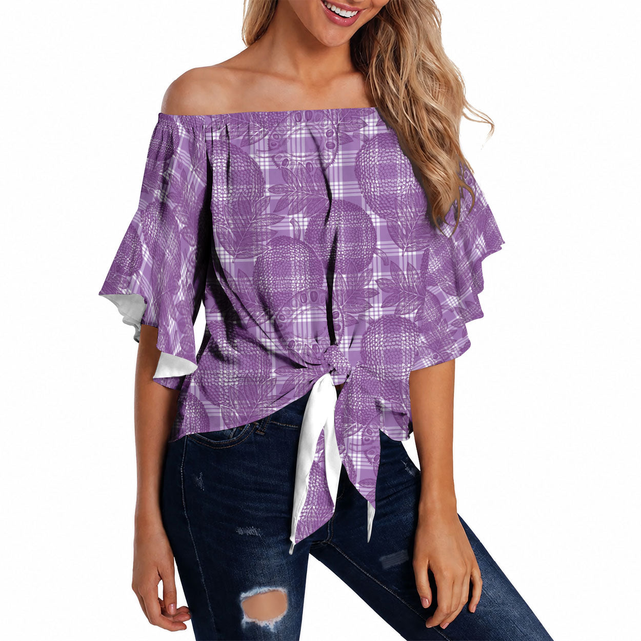 Poni Hawaii Breadfruit Palaka Motifs Off Shoulder Wrap Waist Top LT14 Purple - Polynesian Pride