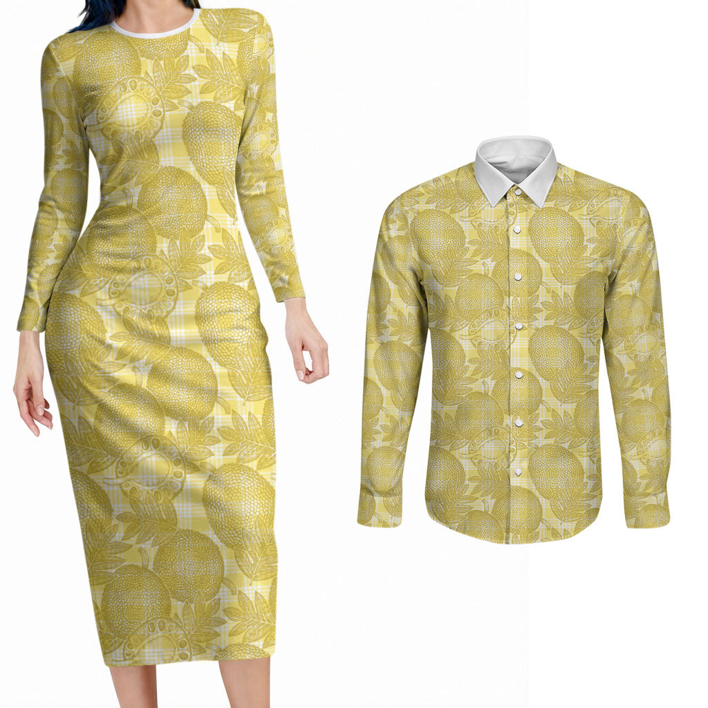 Melemele Hawaii Breadfruit Palaka Motifs Couples Matching Long Sleeve Bodycon Dress and Long Sleeve Button Shirt LT14 Yellow - Polynesian Pride