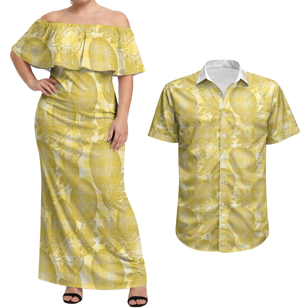 Melemele Hawaii Breadfruit Palaka Motifs Couples Matching Off Shoulder Maxi Dress and Hawaiian Shirt LT14 Yellow - Polynesian Pride