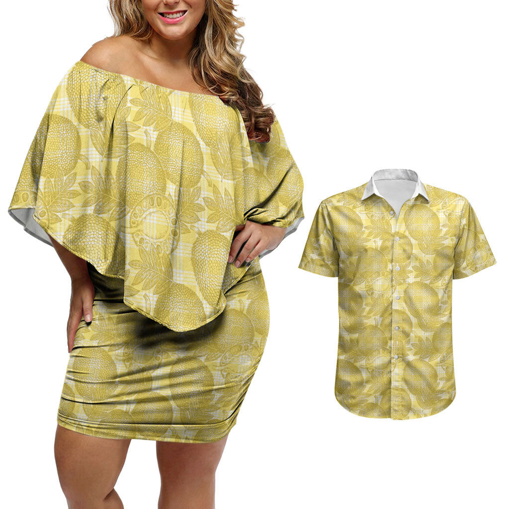 Melemele Hawaii Breadfruit Palaka Motifs Couples Matching Off Shoulder Short Dress and Hawaiian Shirt LT14 Yellow - Polynesian Pride