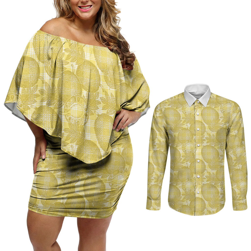 Melemele Hawaii Breadfruit Palaka Motifs Couples Matching Off Shoulder Short Dress and Long Sleeve Button Shirt LT14 Yellow - Polynesian Pride