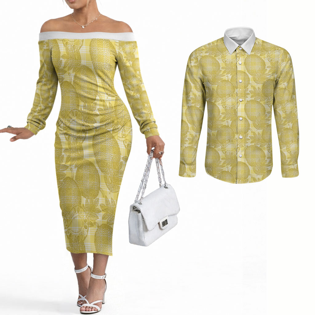 Melemele Hawaii Breadfruit Palaka Motifs Couples Matching Off The Shoulder Long Sleeve Dress and Long Sleeve Button Shirt LT14 Yellow - Polynesian Pride