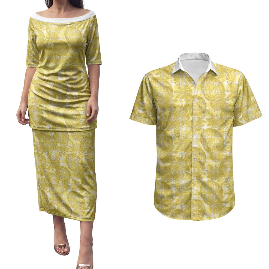 Melemele Hawaii Breadfruit Palaka Motifs Couples Matching Puletasi and Hawaiian Shirt LT14 Yellow - Polynesian Pride