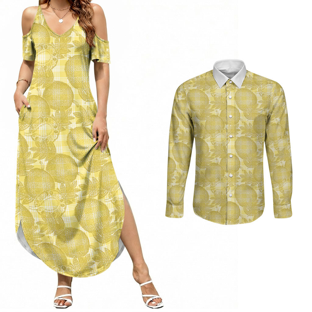 Melemele Hawaii Breadfruit Palaka Motifs Couples Matching Summer Maxi Dress and Long Sleeve Button Shirt LT14 Yellow - Polynesian Pride