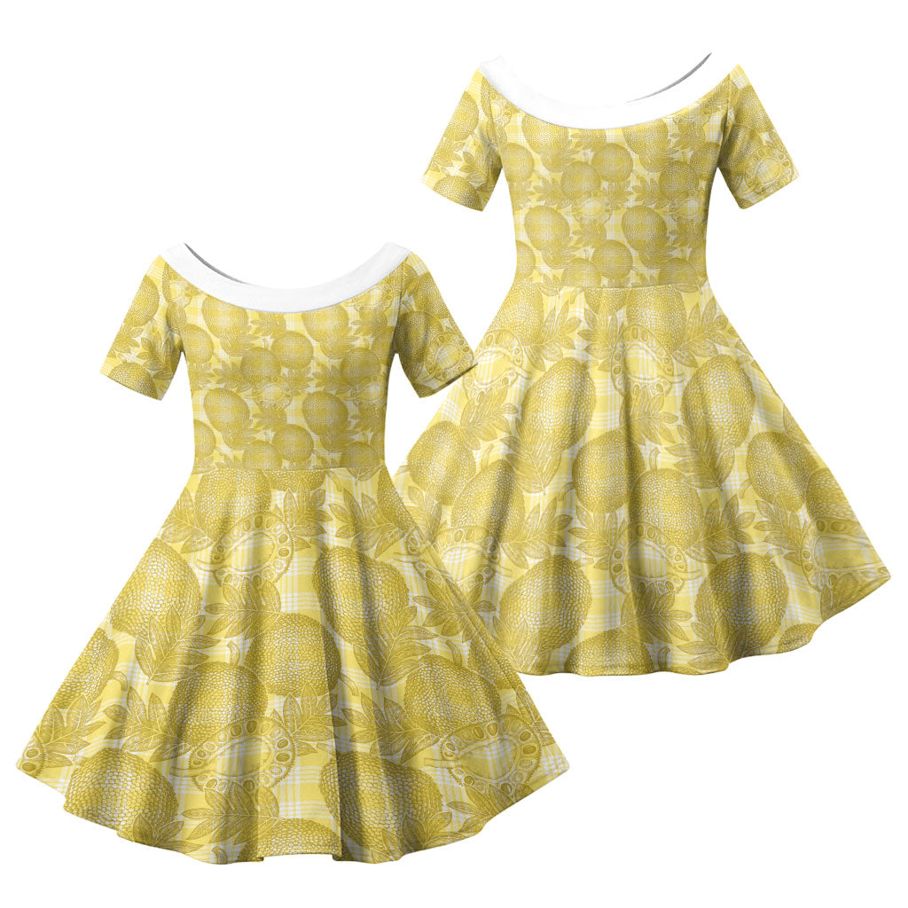 Melemele Hawaii Breadfruit Palaka Motifs Family Matching Off The Shoulder Long Sleeve Dress and Hawaiian Shirt LT14 Daughter's Dress Yellow - Polynesian Pride