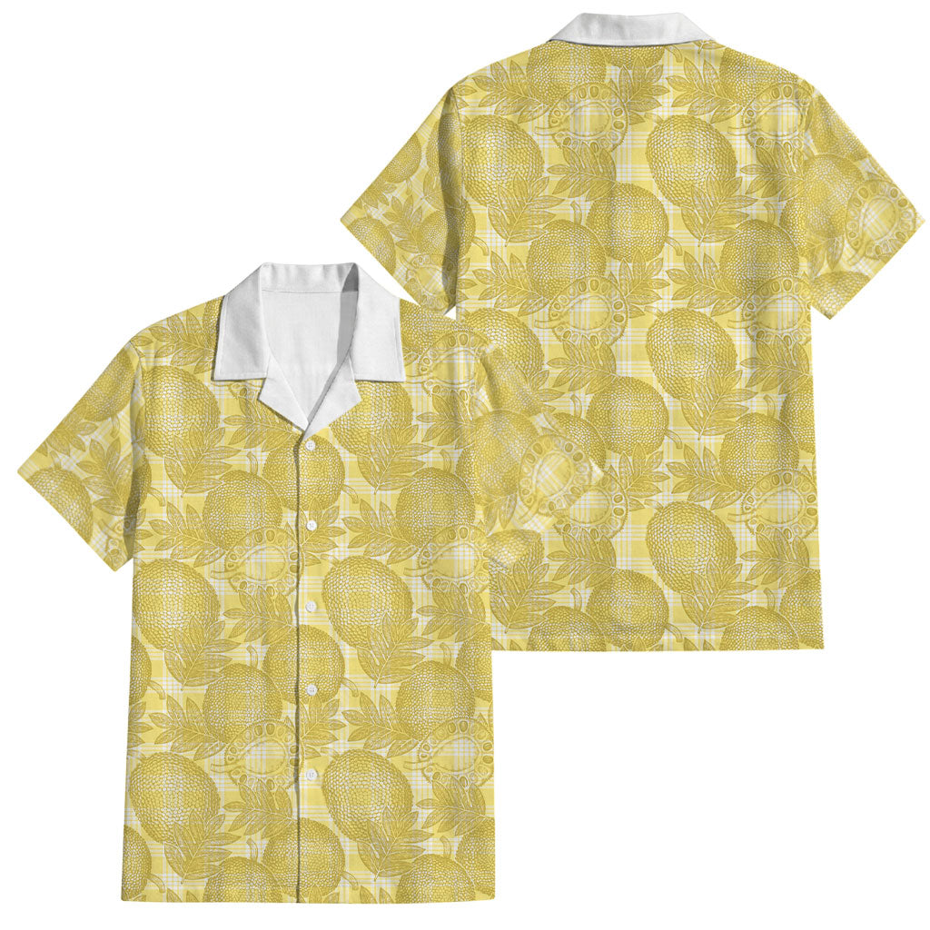 Melemele Hawaii Breadfruit Palaka Motifs Family Matching Off Shoulder Maxi Dress and Hawaiian Shirt LT14 Dad's Shirt - Short Sleeve Yellow - Polynesian Pride