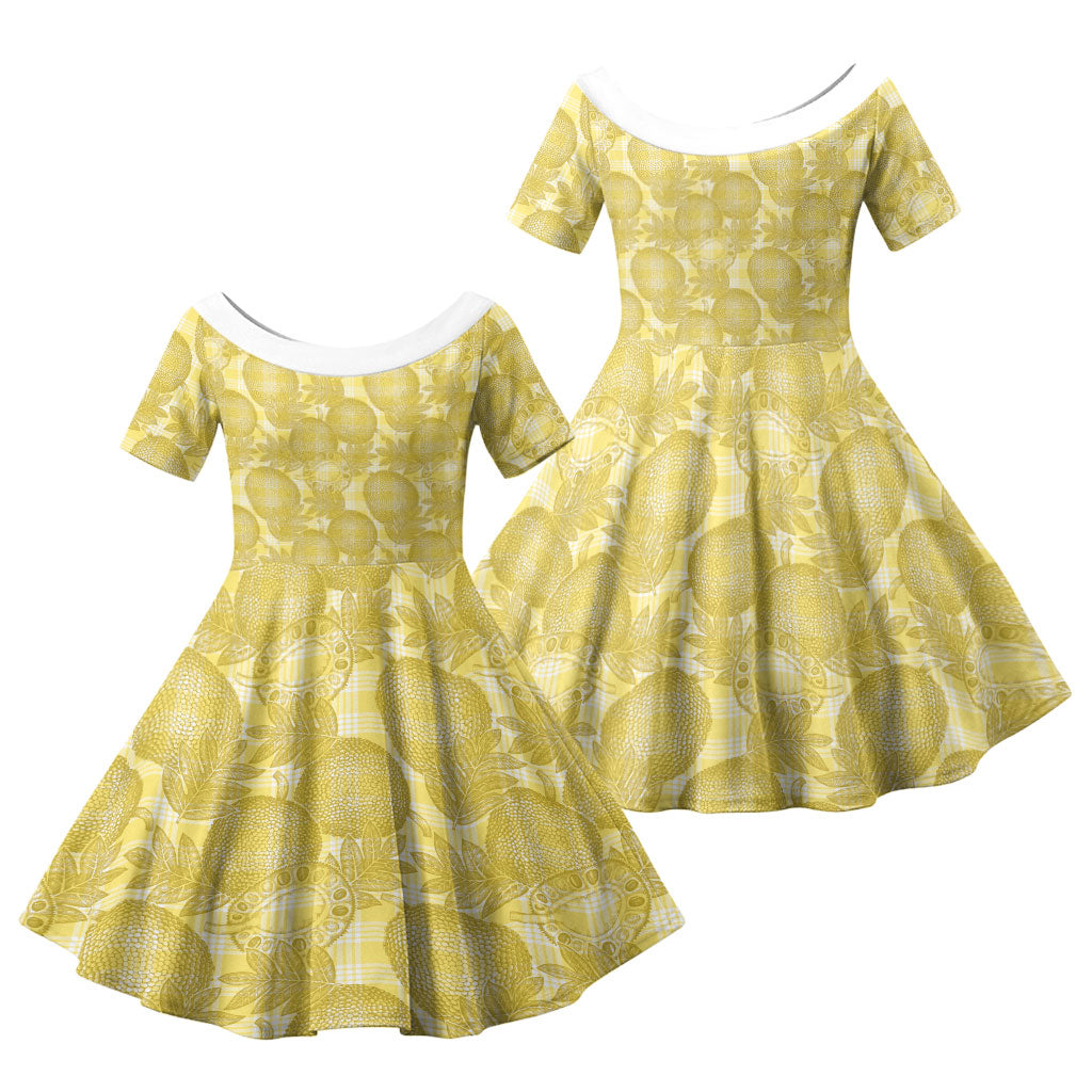 Melemele Hawaii Breadfruit Palaka Motifs Family Matching Off Shoulder Maxi Dress and Hawaiian Shirt LT14 Daughter's Dress Yellow - Polynesian Pride