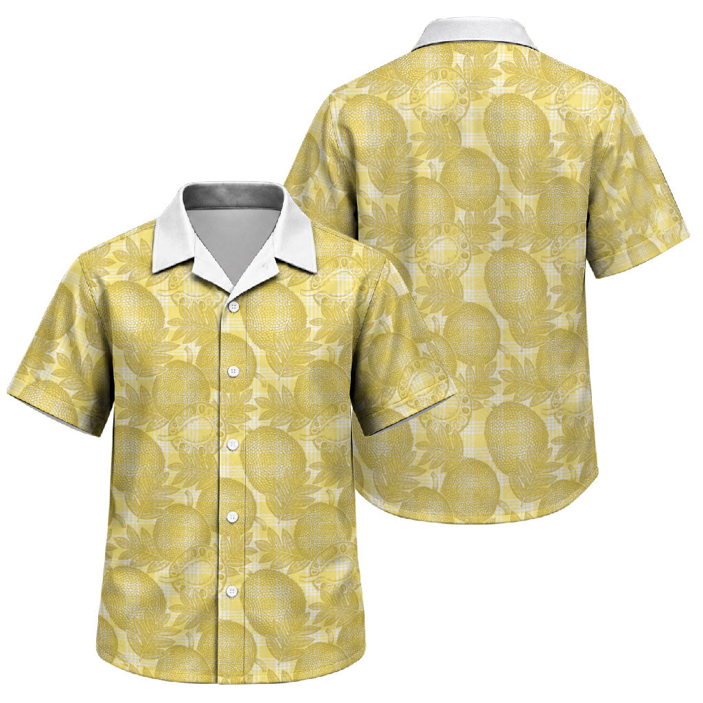 Melemele Hawaii Breadfruit Palaka Motifs Family Matching Off Shoulder Short Dress and Hawaiian Shirt LT14 Son's Shirt Yellow - Polynesian Pride