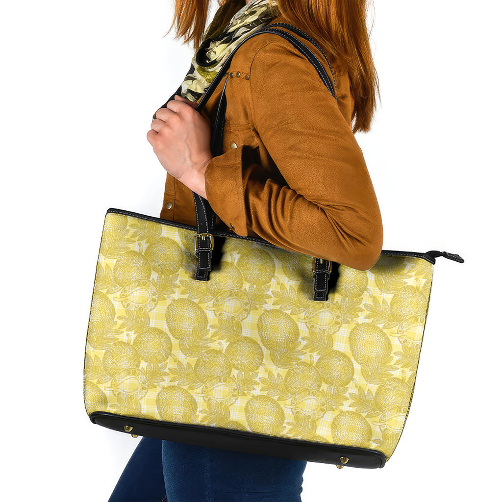 Melemele Hawaii Breadfruit Palaka Motifs Leather Tote Bag