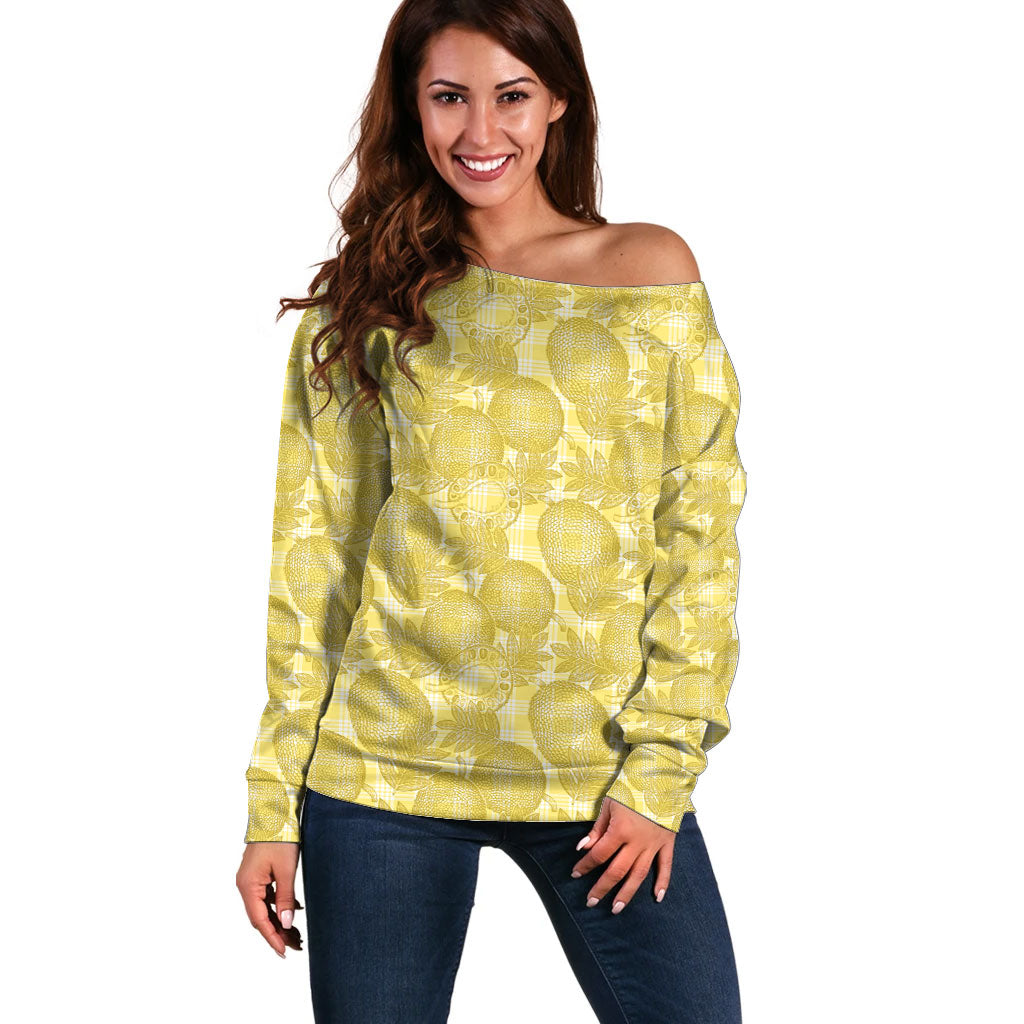 Melemele Hawaii Breadfruit Palaka Motifs Off Shoulder Sweater