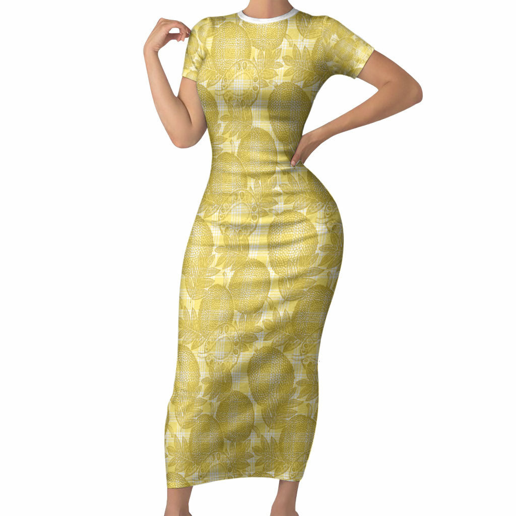 Melemele Hawaii Breadfruit Palaka Motifs Short Sleeve Bodycon Dress