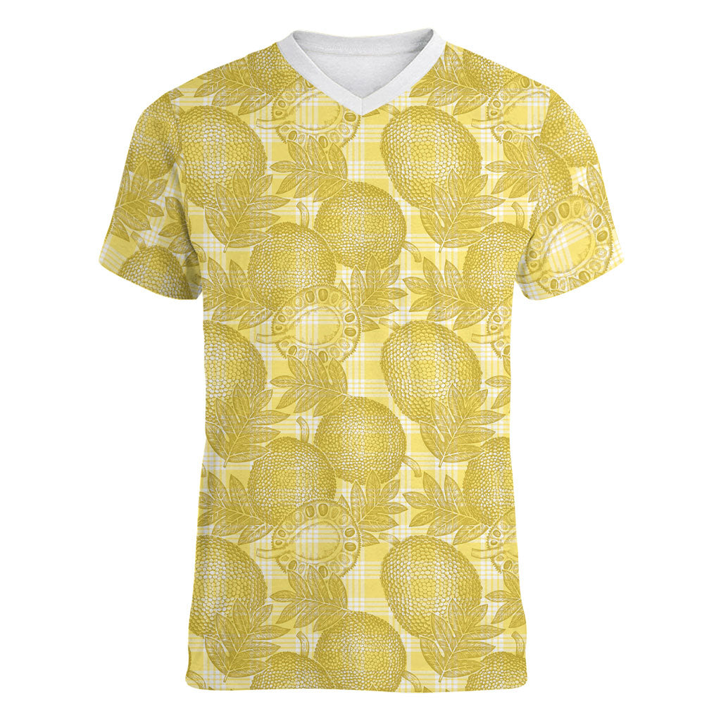 Melemele Hawaii Breadfruit Palaka Motifs Women V-Neck T-Shirt LT14 Female Yellow - Polynesian Pride