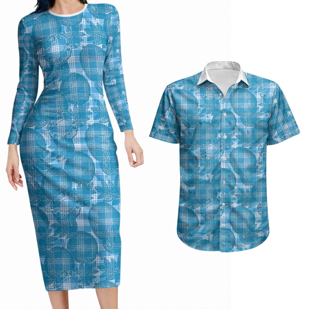 Polu Hawaii Breadfruit Palaka Motifs Couples Matching Long Sleeve Bodycon Dress and Hawaiian Shirt LT14 Blue - Polynesian Pride