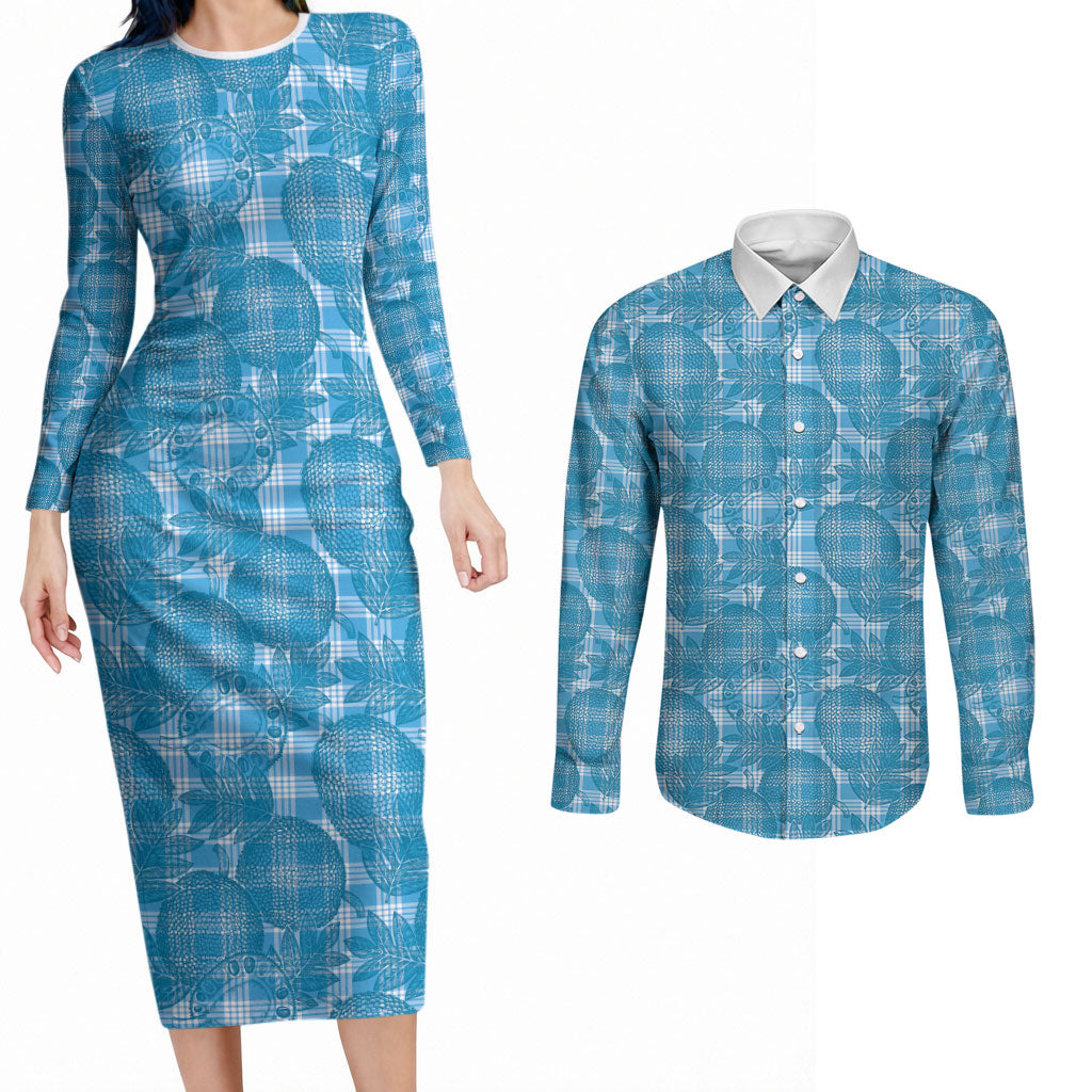 Polu Hawaii Breadfruit Palaka Motifs Couples Matching Long Sleeve Bodycon Dress and Long Sleeve Button Shirt LT14 Blue - Polynesian Pride