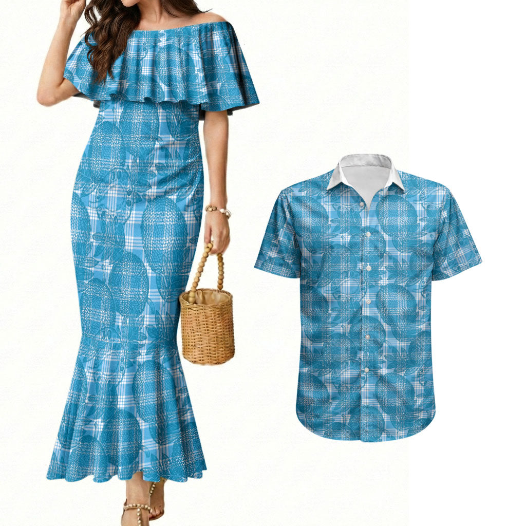 Polu Hawaii Breadfruit Palaka Motifs Couples Matching Mermaid Dress and Hawaiian Shirt LT14 Blue - Polynesian Pride