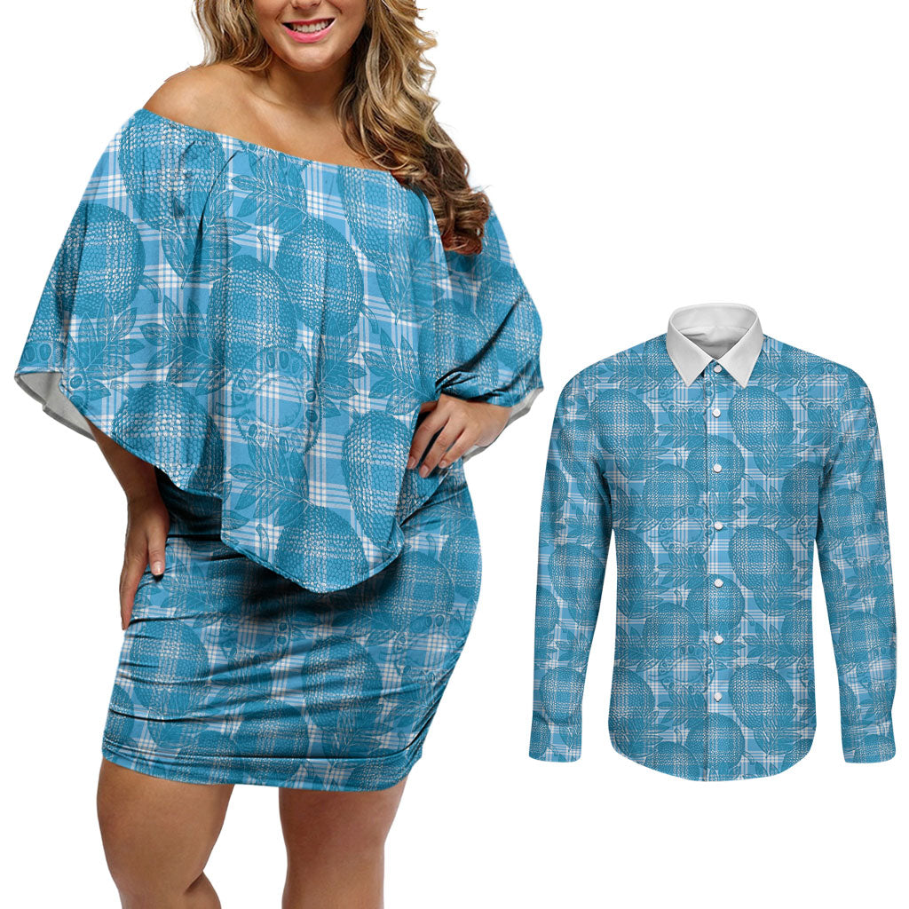 Polu Hawaii Breadfruit Palaka Motifs Couples Matching Off Shoulder Short Dress and Long Sleeve Button Shirt LT14 Blue - Polynesian Pride