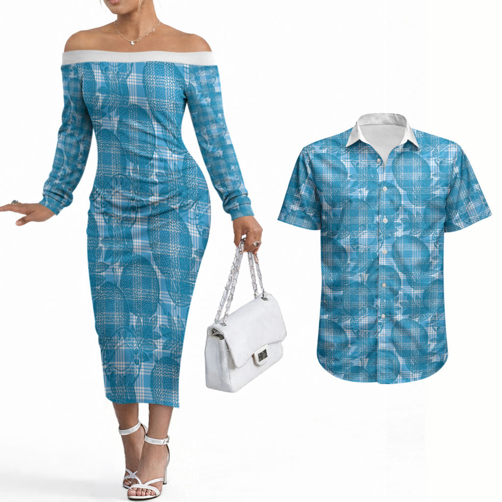 Polu Hawaii Breadfruit Palaka Motifs Couples Matching Off The Shoulder Long Sleeve Dress and Hawaiian Shirt LT14 Blue - Polynesian Pride