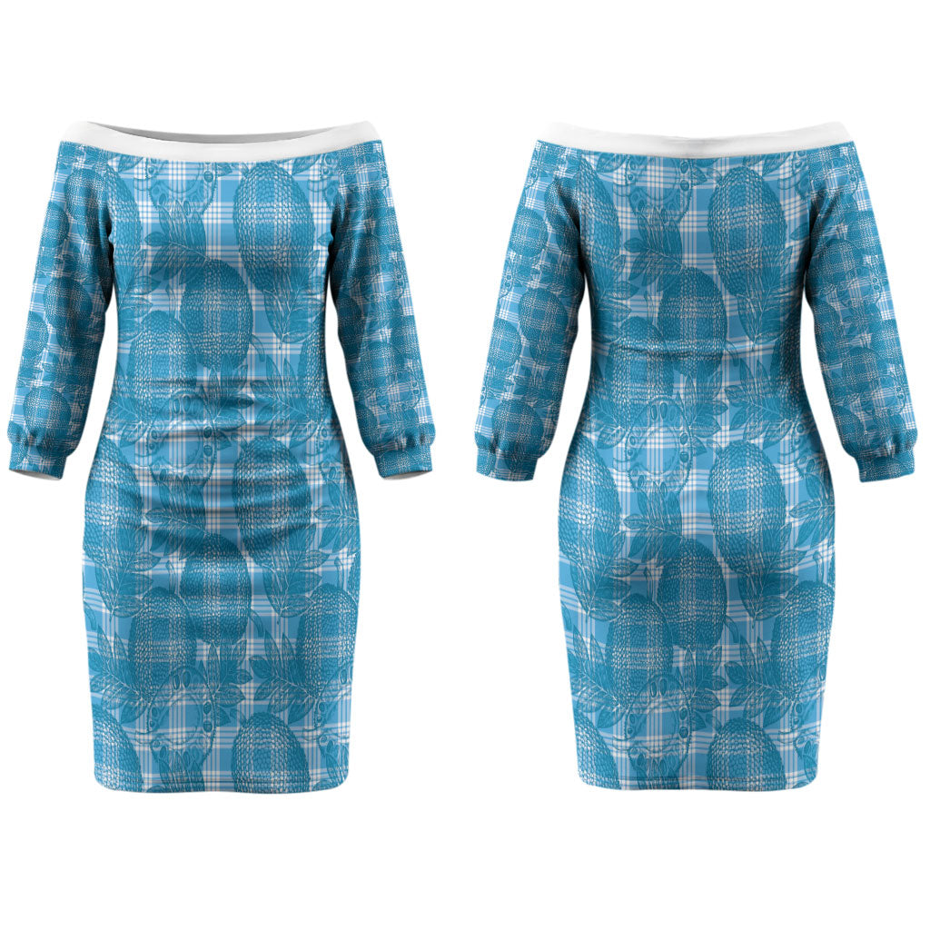 Polu Hawaii Breadfruit Palaka Motifs Couples Matching Off The Shoulder Long Sleeve Dress and Hawaiian Shirt LT14 - Polynesian Pride