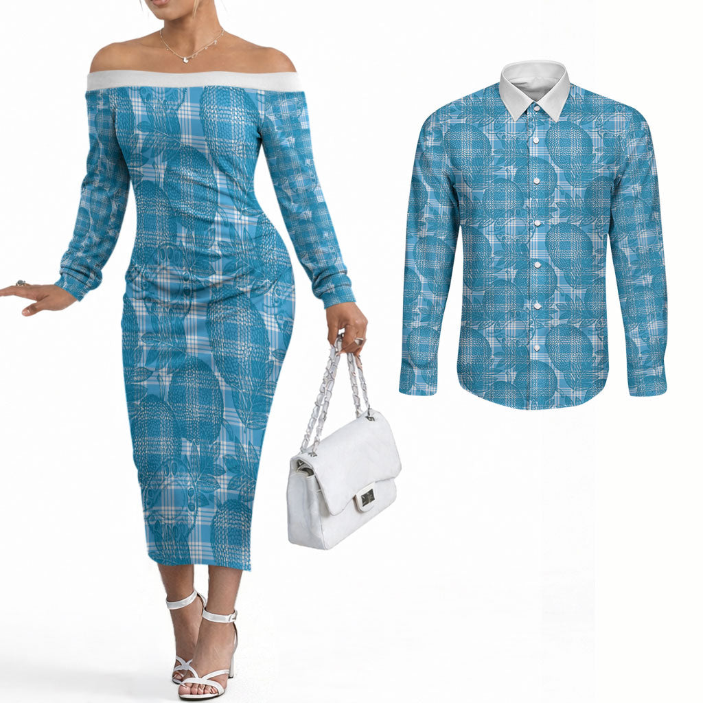 Polu Hawaii Breadfruit Palaka Motifs Couples Matching Off The Shoulder Long Sleeve Dress and Long Sleeve Button Shirt LT14 Blue - Polynesian Pride