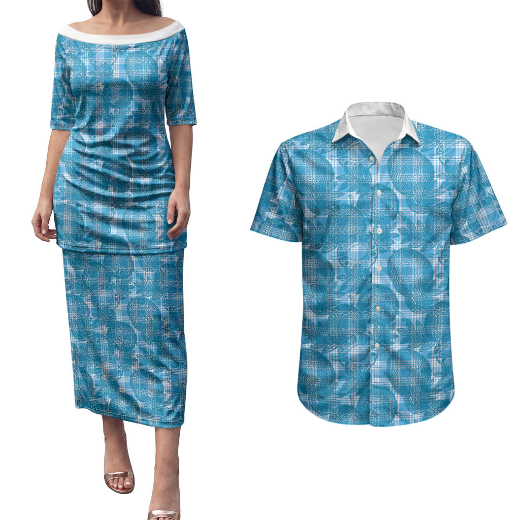 Polu Hawaii Breadfruit Palaka Motifs Couples Matching Puletasi and Hawaiian Shirt LT14 Blue - Polynesian Pride