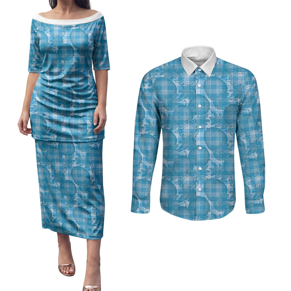 Polu Hawaii Breadfruit Palaka Motifs Couples Matching Puletasi and Long Sleeve Button Shirt LT14 Blue - Polynesian Pride