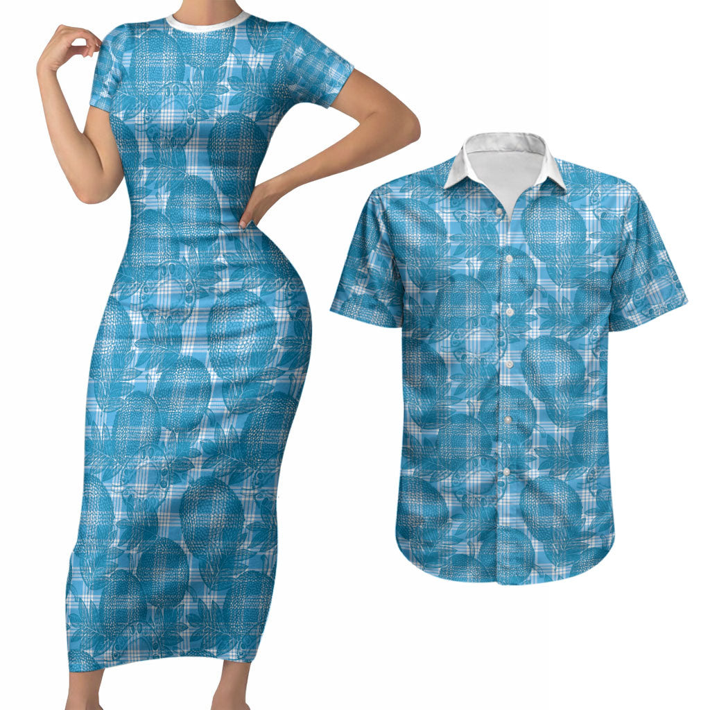 Polu Hawaii Breadfruit Palaka Motifs Couples Matching Short Sleeve Bodycon Dress and Hawaiian Shirt LT14 Blue - Polynesian Pride