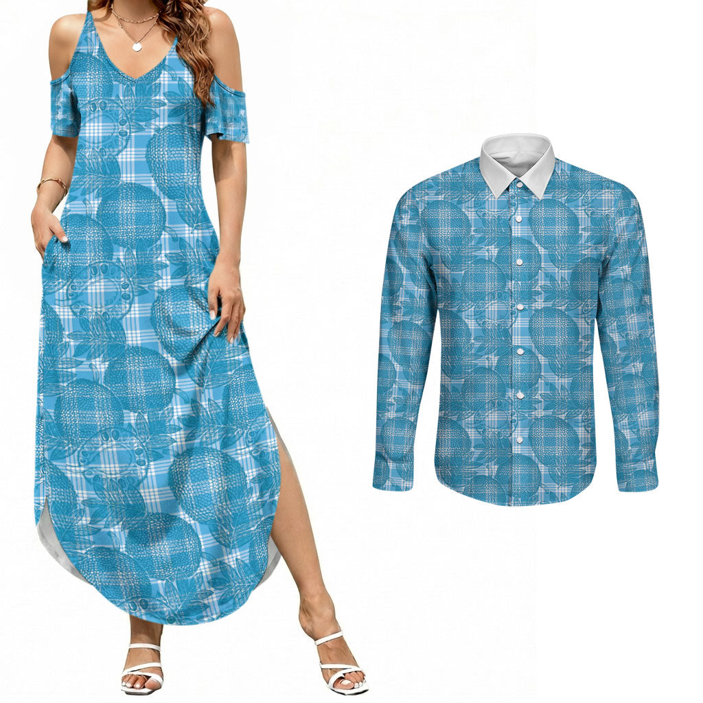 Polu Hawaii Breadfruit Palaka Motifs Couples Matching Summer Maxi Dress and Long Sleeve Button Shirt LT14 Blue - Polynesian Pride