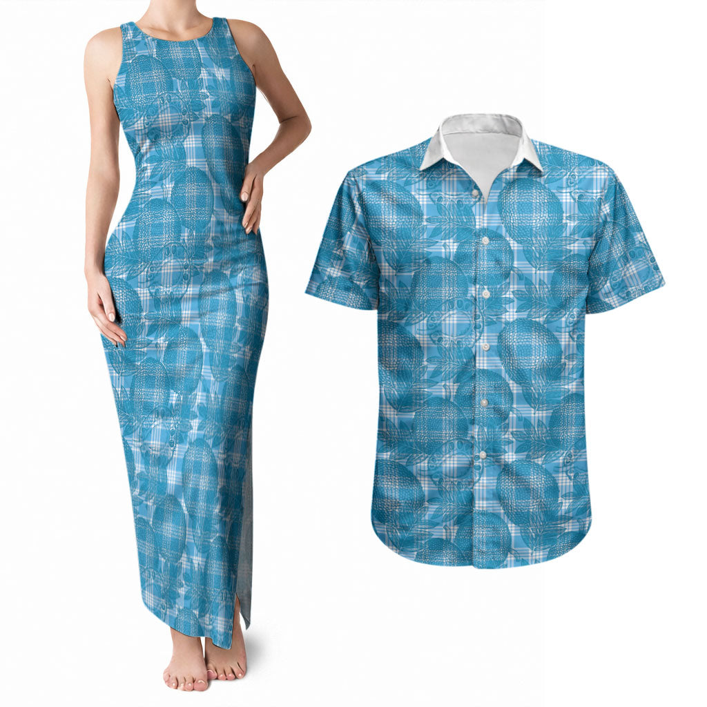 Polu Hawaii Breadfruit Palaka Motifs Couples Matching Tank Maxi Dress and Hawaiian Shirt LT14 Blue - Polynesian Pride