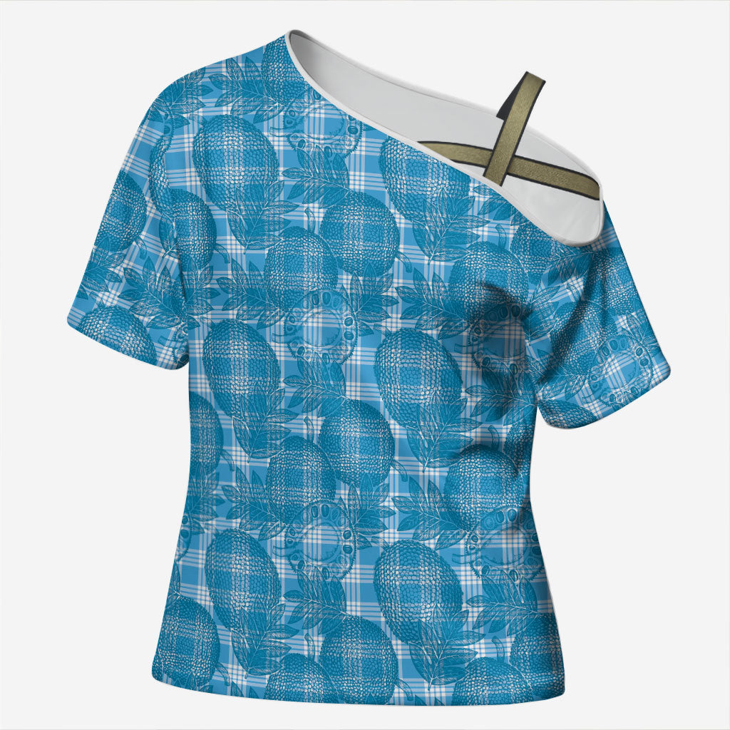 Polu Hawaii Breadfruit Palaka Motifs Cross Shoulder Shirt LT14 Female Blue - Polynesian Pride