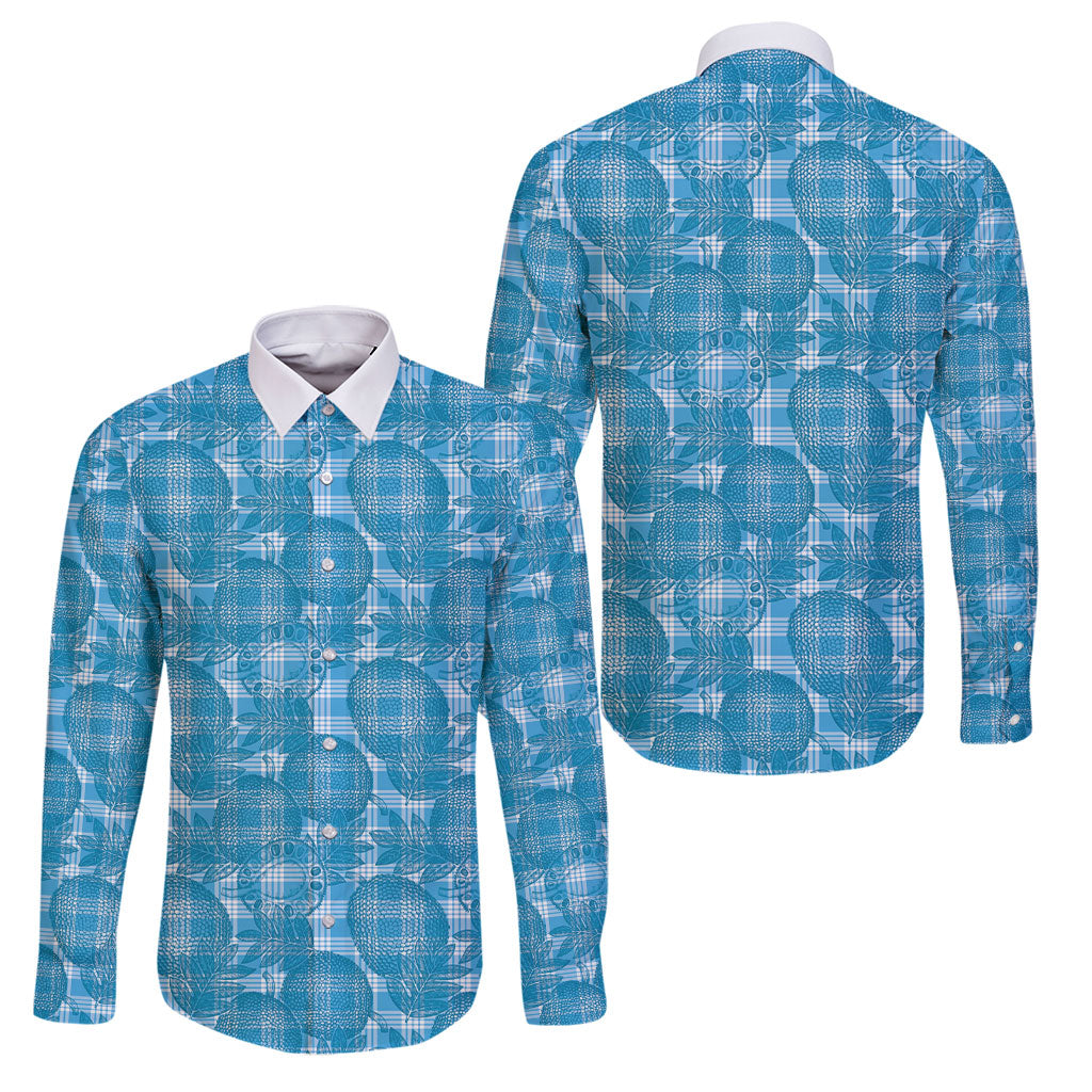 Polu Hawaii Breadfruit Palaka Motifs Family Matching Long Sleeve Bodycon Dress and Hawaiian Shirt LT14 Dad's Shirt - Long Sleeve Blue - Polynesian Pride