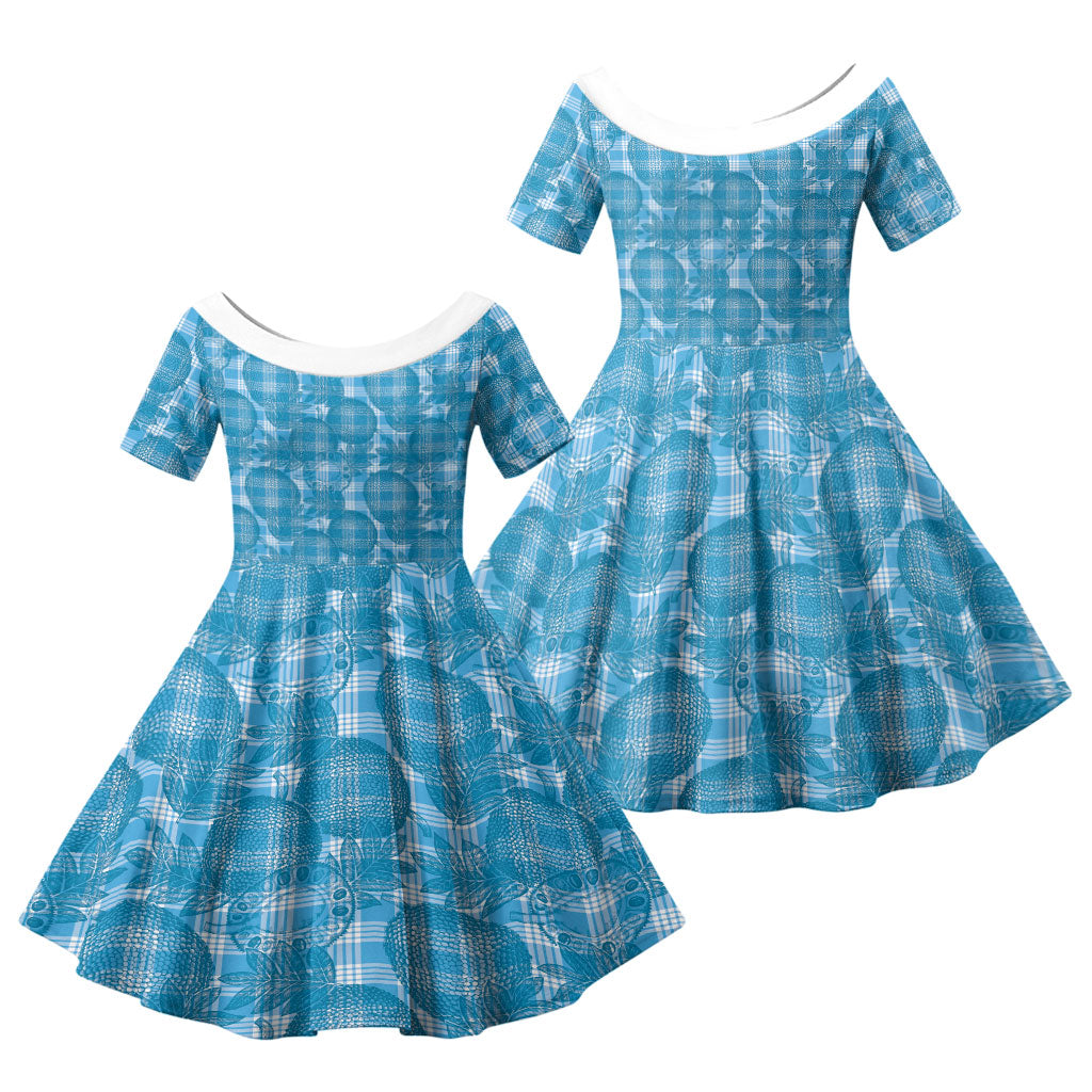 Polu Hawaii Breadfruit Palaka Motifs Family Matching Long Sleeve Bodycon Dress and Hawaiian Shirt LT14 Daughter's Dress Blue - Polynesian Pride