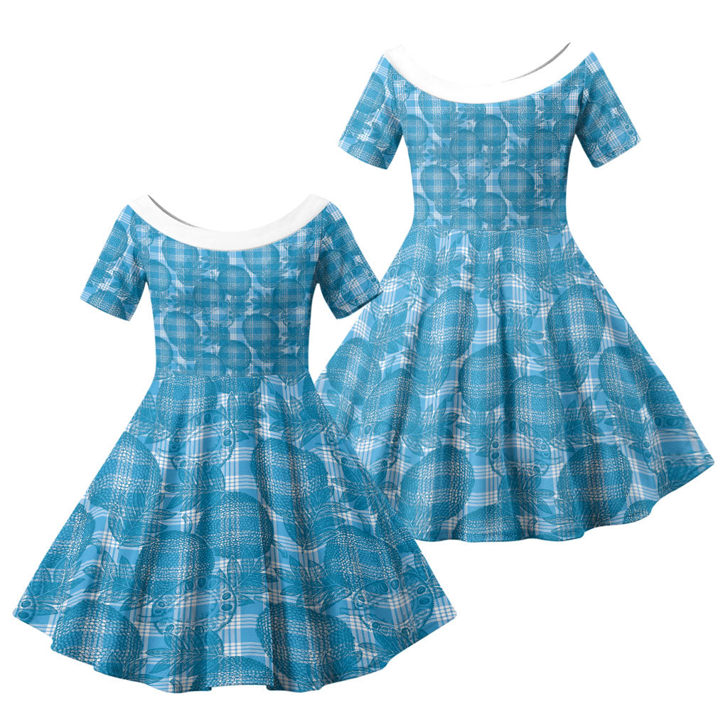 Polu Hawaii Breadfruit Palaka Motifs Family Matching Mermaid Dress and Hawaiian Shirt LT14 Daughter's Dress Blue - Polynesian Pride