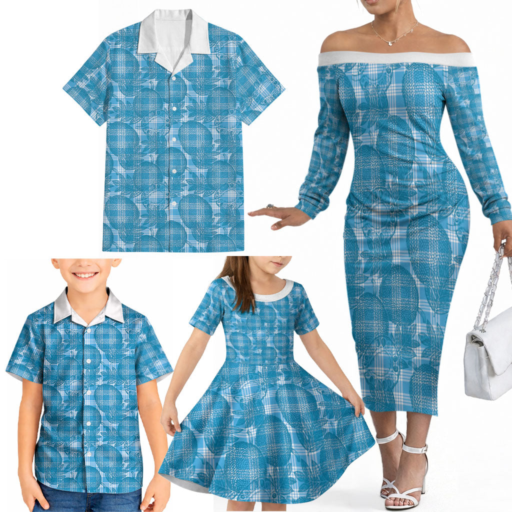 Polu Hawaii Breadfruit Palaka Motifs Family Matching Off The Shoulder Long Sleeve Dress and Hawaiian Shirt LT14 - Polynesian Pride