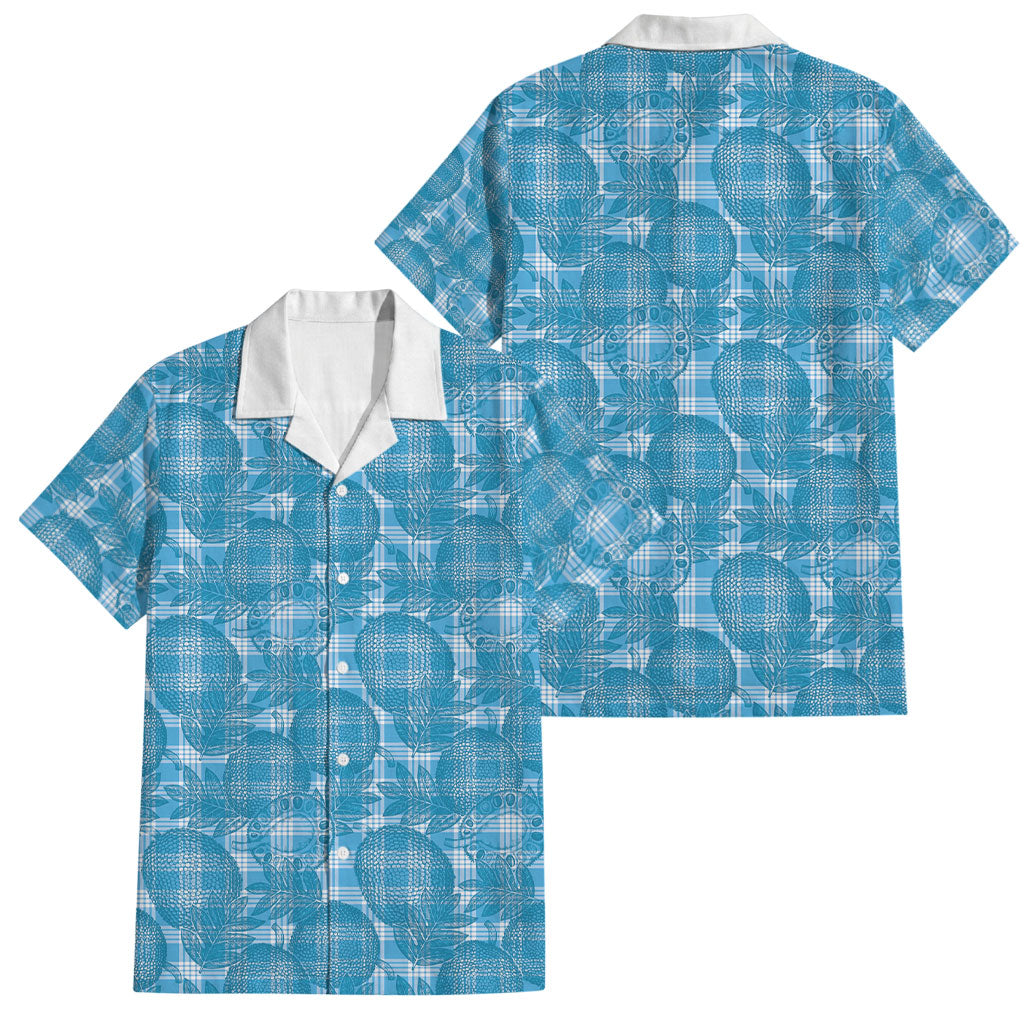 Polu Hawaii Breadfruit Palaka Motifs Family Matching Tank Maxi Dress and Hawaiian Shirt LT14 Dad's Shirt - Short Sleeve Blue - Polynesian Pride