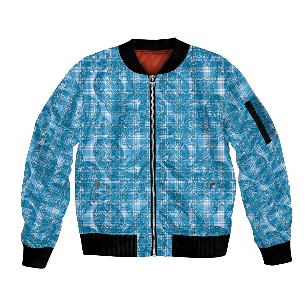 Polu Hawaii Breadfruit Palaka Motifs Sleeve Zip Bomber Jacket LT14 Unisex Blue - Polynesian Pride