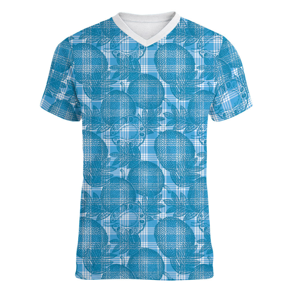 Polu Hawaii Breadfruit Palaka Motifs Women V-Neck T-Shirt LT14 Female Blue - Polynesian Pride