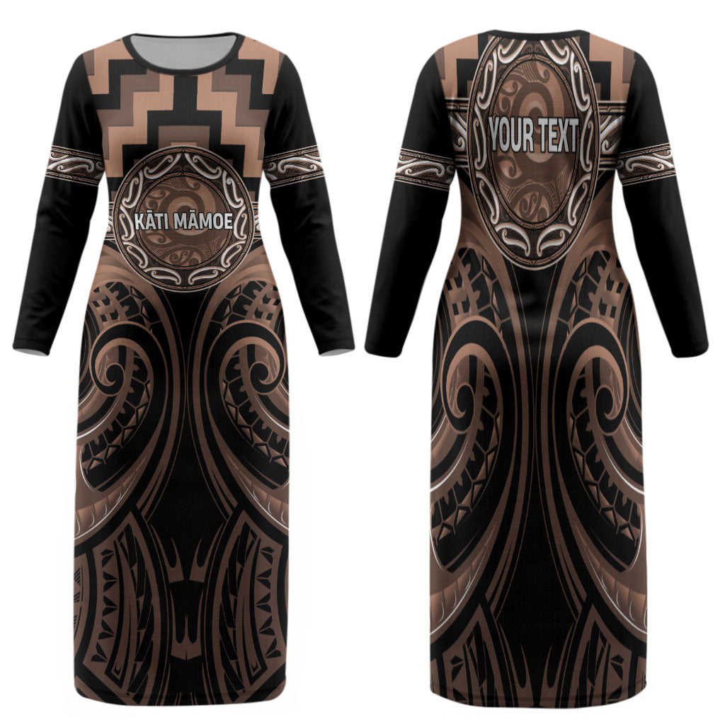 Aotearoa Kati Mamoe Personalised Family Matching Long Sleeve Bodycon Dress and Hawaiian Shirt Maori Iwi Poutama Puhoro Tattoo LT14 Mom's Dress Brown - Polynesian Pride