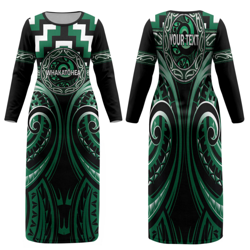 Aotearoa Whakatohea Personalised Family Matching Long Sleeve Bodycon Dress and Hawaiian Shirt Maori Iwi Poutama Puhoro Tattoo LT14 Mom's Dress Green - Polynesian Pride